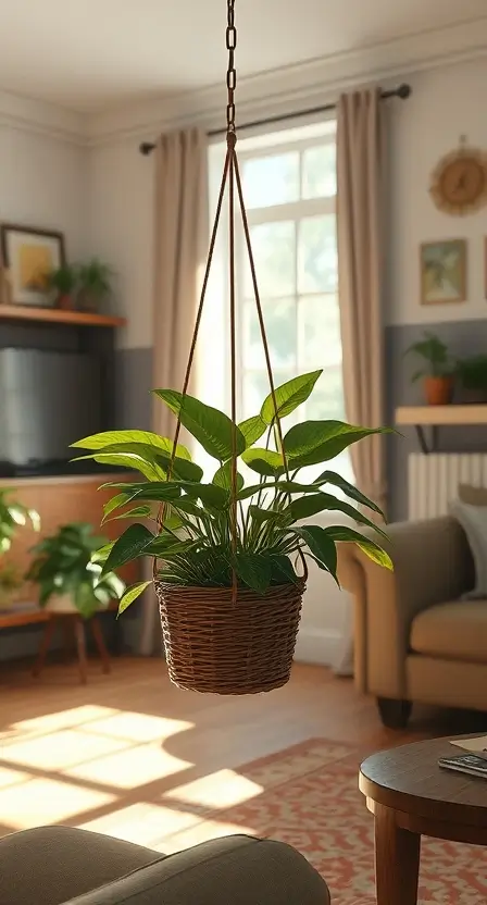 A cozy living room with a Boston fern in a wicker hanging basket, sunlight streaming through a nearby window.