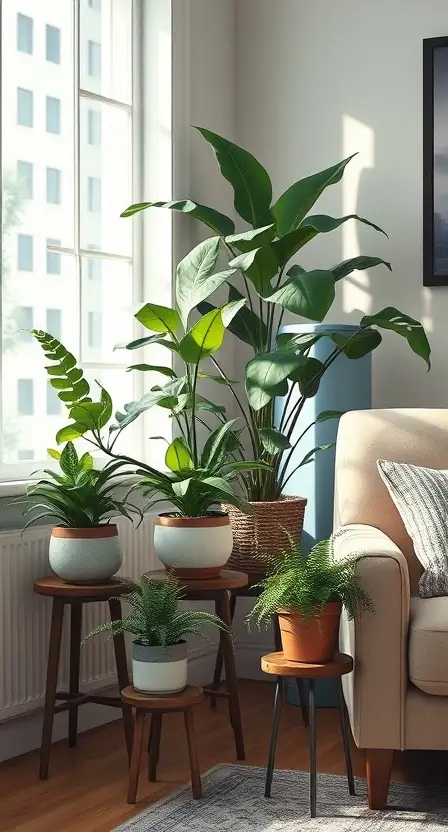 A cozy living room corner with a cluster of Boston ferns in pots of different sizes, arranged on stools and stands, next to a comfy armchair.