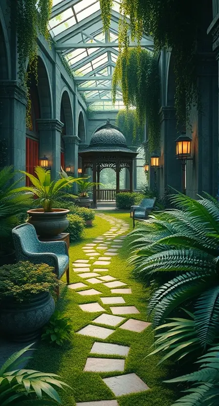 A winding garden pathway flanked by vibrant Boston ferns and soft lighting, leading to a charming gazebo.