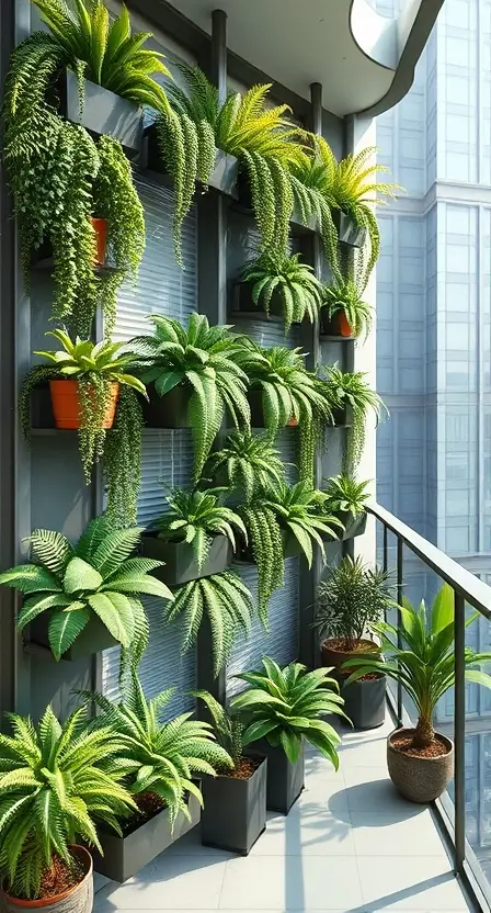 A modern vertical garden on a balcony, featuring Boston ferns cascading from multiple levels of planters.