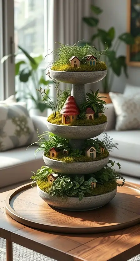 A tiered metal tray on a coffee table, holding multiple small Boston ferns with moss and tiny ceramic houses for added charm.