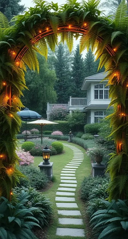 A garden arch covered in Boston ferns and fairy lights, leading into a beautifully landscaped yard.