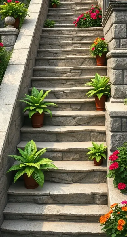  An outdoor staircase with Boston ferns placed on alternating steps, surrounded by rustic stone and vibrant flowers.