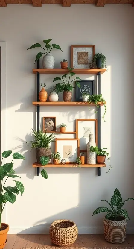 A modern wall shelf adorned with Boston ferns, succulents, and rustic decor items in a minimalistic room.