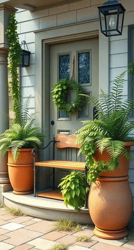 A charming front porch with Boston ferns in large terracotta pots, complemented by a rustic bench and a wreath on the door.