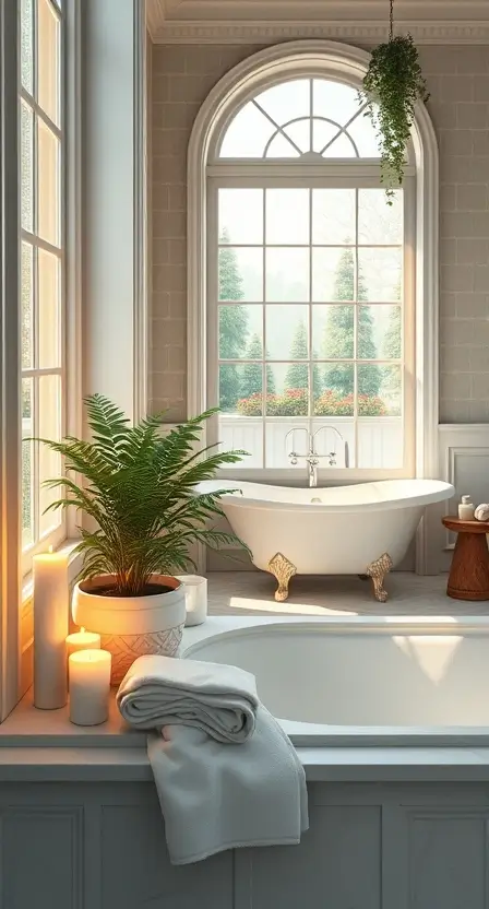 A serene bathroom with a Boston fern on a window sill, surrounded by soft towels, candles, and a freestanding bathtub in the background.