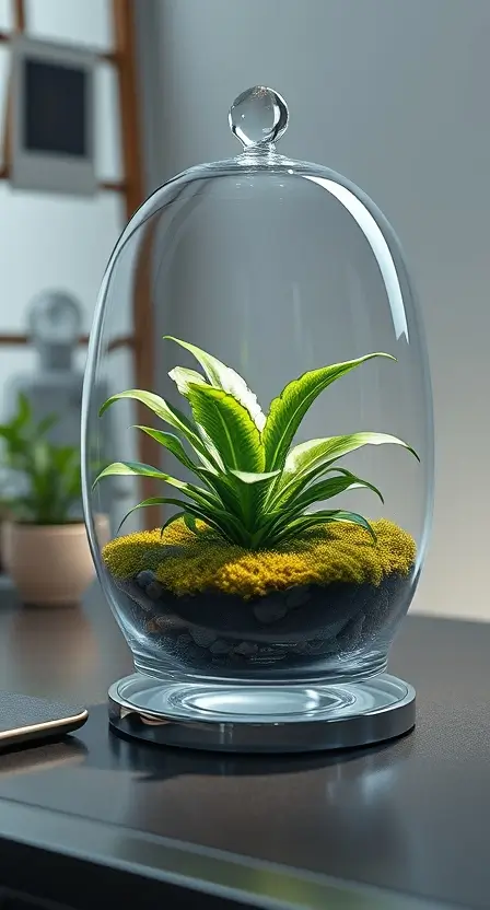 A glass terrarium with a Boston fern inside, surrounded by moss and small decorative stones, placed on a sleek desk.