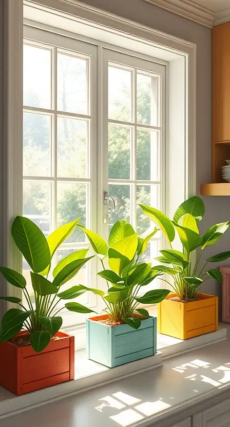 A bright kitchen window with a row of Boston ferns in colorful wooden boxes, sunlight streaming through the glass.