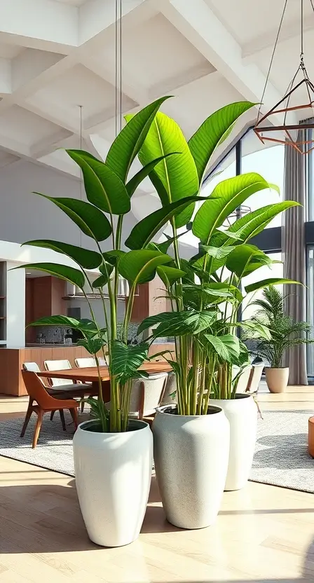 A spacious open-concept living area with Boston ferns in tall ceramic pots acting as a divider between the dining and lounge areas.