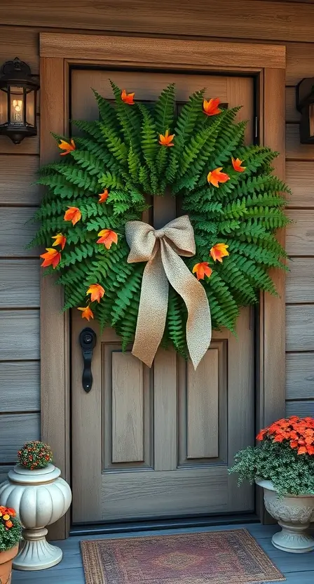 A front porch decorated with a Boston fern swag adorned with autumn leaves and a burlap ribbon, hung on a rustic wooden door.