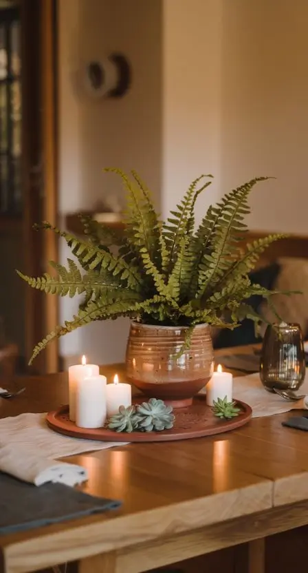 A wooden dining table with a Boston fern in a ceramic pot, surrounded by candles and a few tiny succulents for a warm, inviting vibe.