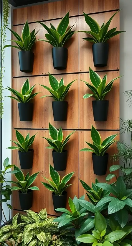 A modern vertical garden wall with Dracaena Marginata plants in sleek, black pots arranged on wooden panels, surrounded by other tropical plants like ferns and philodendrons.