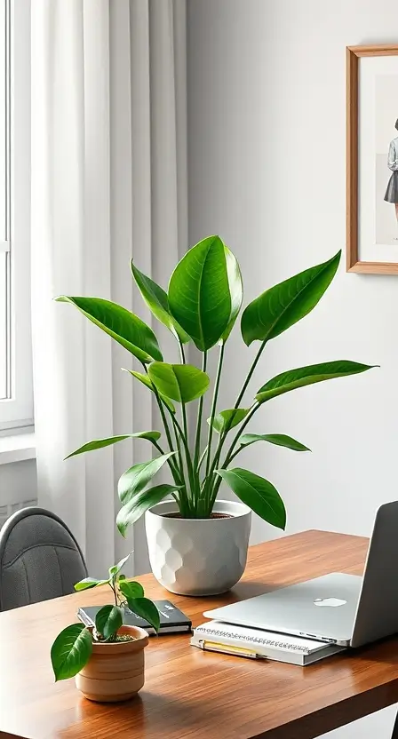 A stylish home office with a Dracaena Marginata in a minimalist pot beside a desk, with a laptop, notebook, and a small pothos plant on the table.