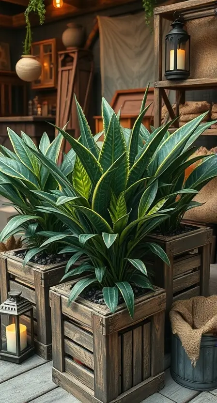 Dracaena Marginata planted in wooden crates with a distressed finish, surrounded by other rustic decor elements like lanterns and burlap sacks.