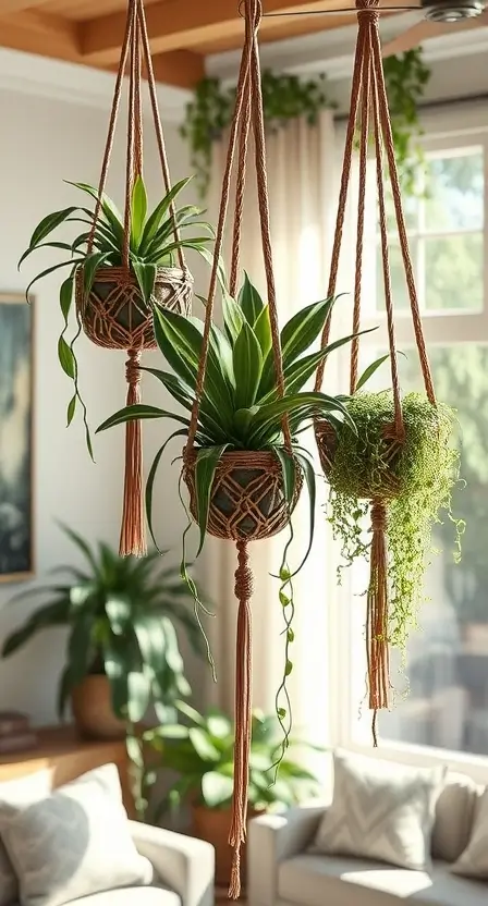 Dracaena Marginata hanging in boho-style macrame baskets with trailing plants in the background, suspended in a sunlit living room.