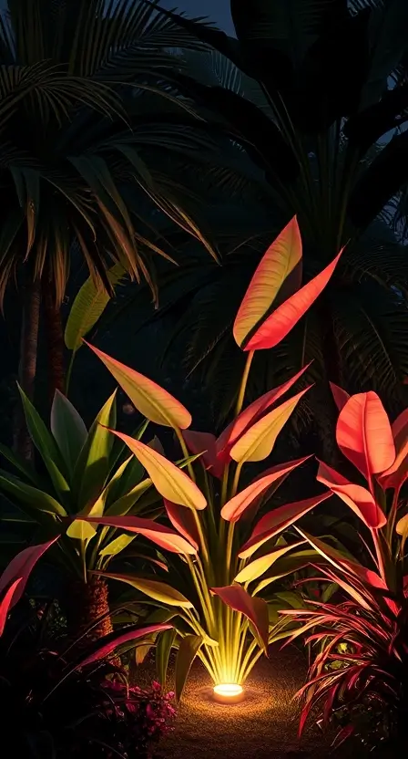 A night garden with Dracaena Marginata softly lit by ground lights, surrounded by other illuminated tropical plants.