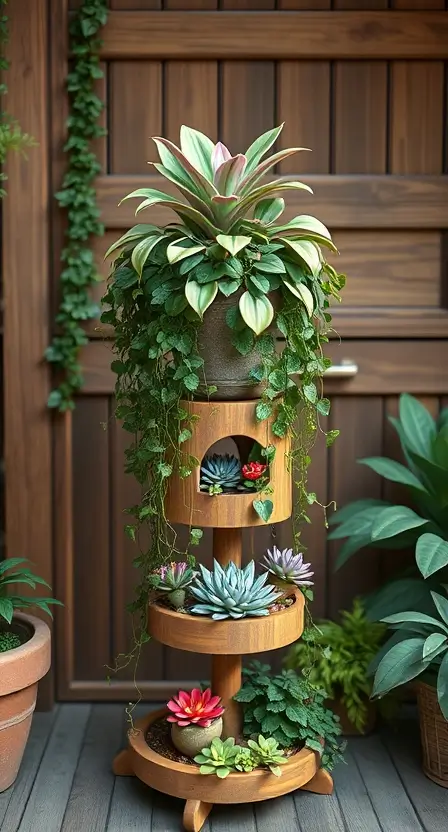 A wooden multi-tier plant stand featuring Dracaena Marginata on the top tier, surrounded by trailing ivy and colorful succulents on the lower levels.