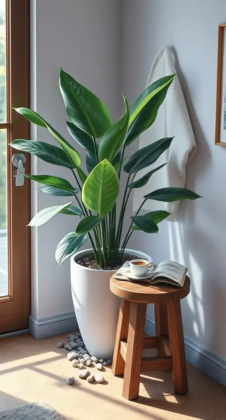 A cozy indoor corner with a large Dracaena Marginata in a white ceramic pot, surrounded by small pebbles and a wooden stool holding a cup of tea and a book.