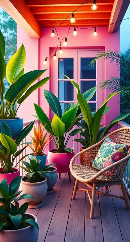 A tropical-themed balcony with Dracaena Marginata in vibrant ceramic pots, paired with monstera plants, string lights, and a wicker chair with colorful cushions.