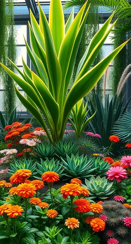 A vibrant garden bed featuring tall Dracaena Marginata at the back, surrounded by flowering succulents, colorful marigolds, and ornamental grasses.