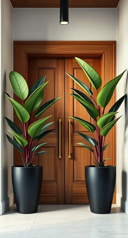 A modern entryway with two large Dracaena Marginata plants in tall, matte black planters, flanking a wooden front door with sleek metal accents.