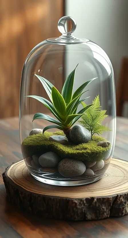 A glass terrarium with a small Dracaena Marginata plant surrounded by moss, polished stones, and a miniature fern, placed on a rustic wooden table.