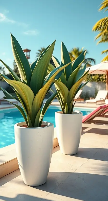 A poolside scene with Dracaena Marginata in tall, white planters, accompanied by lounge chairs and an umbrella, with the pool in the background.