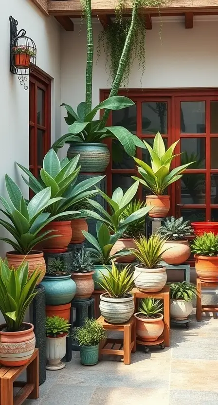 A patio with Dracaena Marginata plants in a variety of colorful ceramic pots, arranged on different levels using wooden plant stands.