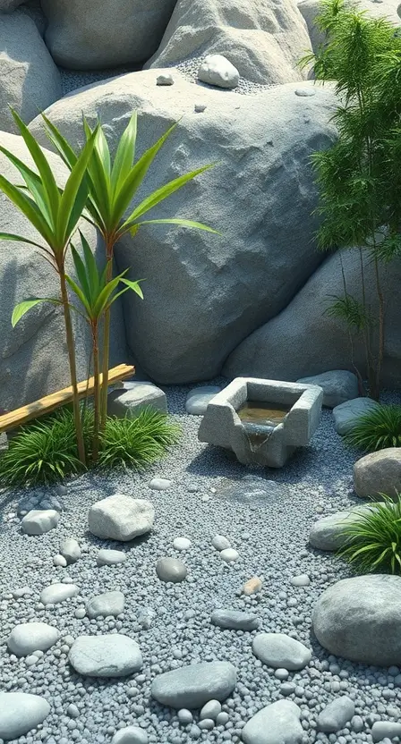 A Zen rock garden featuring Dracaena Marginata surrounded by raked gravel, smooth stones, and a small bamboo water fountain.