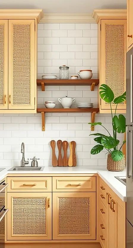 A bright kitchen with rattan cabinet doors, brass handles, and open shelves displaying ceramic pots and glass jars. The background features white subway tiles and a potted monstera plant.