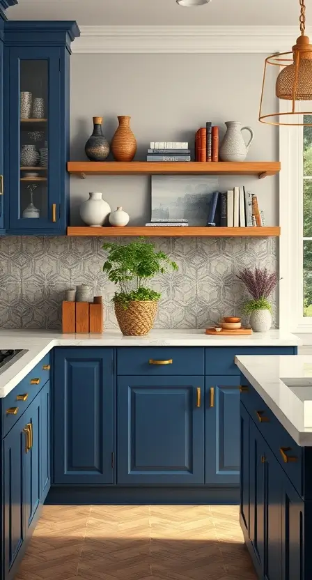 A kitchen with deep blue cabinets, a geometric tile backsplash, and gold hardware. The shelves feature decorative vases, books, and a hanging woven basket filled with herbs.