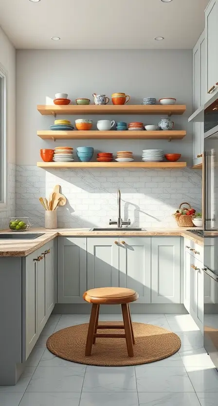 A kitchen with light gray cabinets, natural stone countertops, and a marble backsplash. Open shelves hold colorful ceramic dishes, and a jute rug lies beneath a wooden stool.