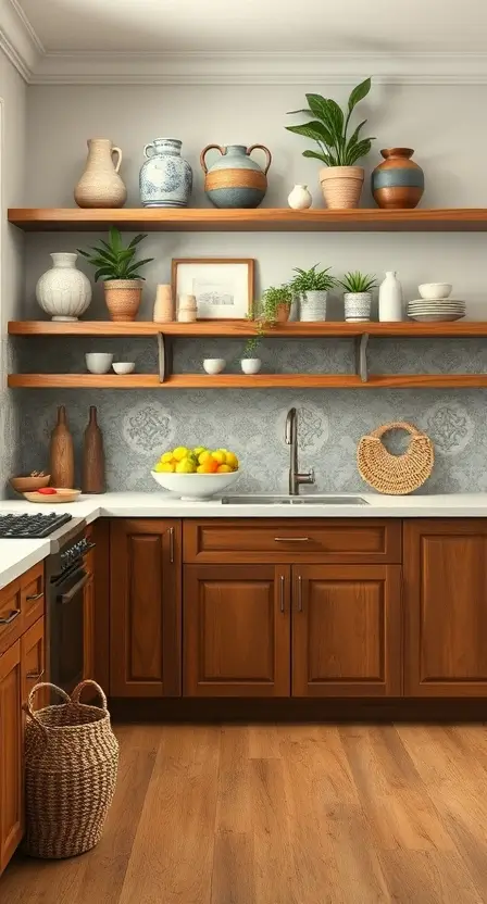 A kitchen with wooden base cabinets, open shelves filled with pottery and plants, and a patterned tile backsplash. The countertops showcase a fruit bowl and a boho-style woven basket.