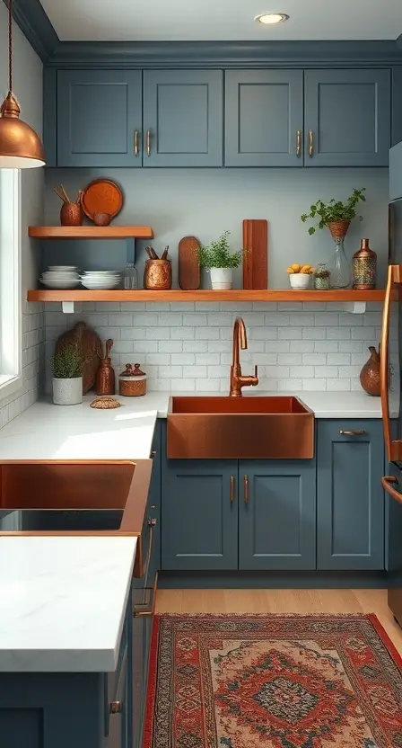 A kitchen with muted blue cabinets, a copper sink and faucet, and white quartz countertops. Open shelves display copper utensils and potted herbs, while a patterned rug adds a boho vibe.