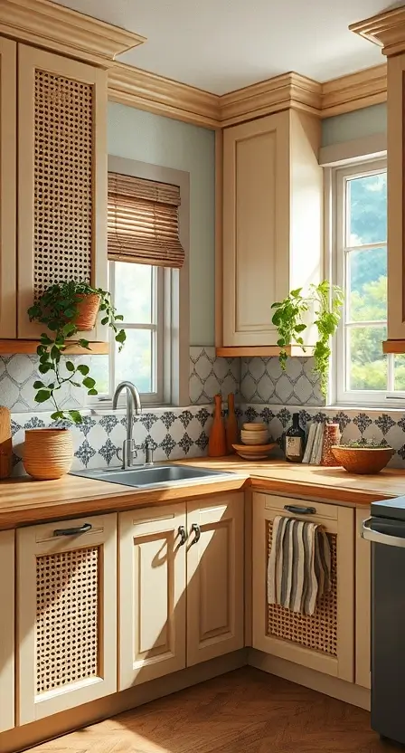 A kitchen with beige cabinets featuring cane inserts, wooden countertops, and a hanging plant near a window. A patterned backsplash adds a touch of bohemian flair.