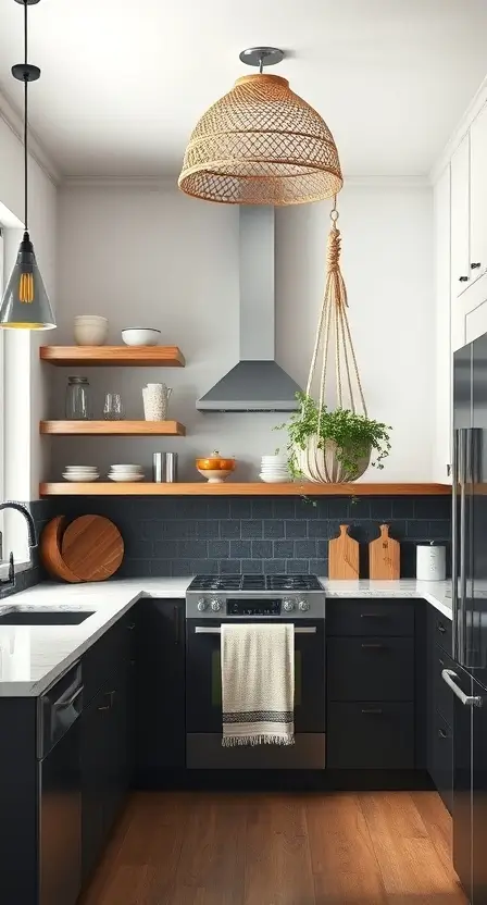 A kitchen with black lower cabinets, white upper cabinets, and wooden floating shelves. A woven light fixture and a boho-style macramé plant hanger complete the look.