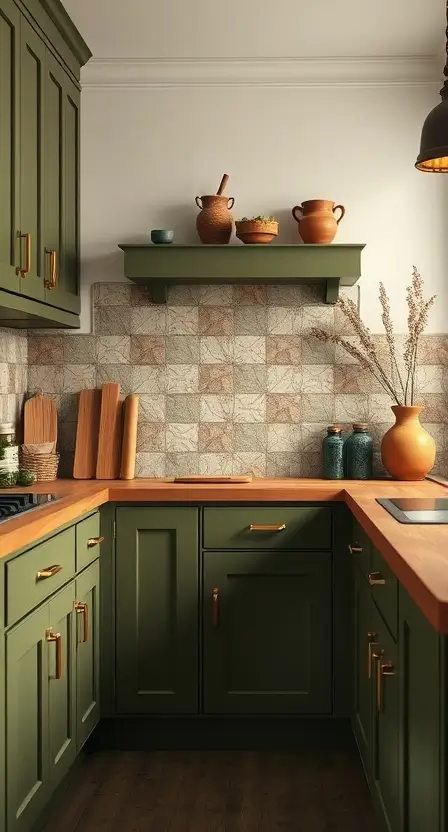 A kitchen with olive green cabinets, brass handles, and wooden countertops. The backsplash is a muted geometric tile, and the decor includes terracotta pots and dried flowers.