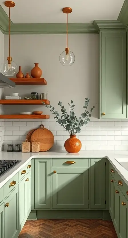 A kitchen with sage green cabinets, gold handles, wooden floating shelves, and hanging pendant lights. The countertop is adorned with a terracotta vase filled with eucalyptus stems.