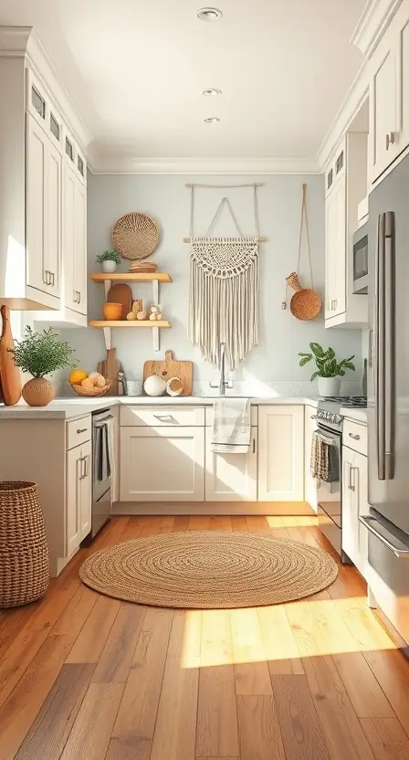 A kitchen featuring white upper cabinets, beige lower cabinets, and a jute rug on a wooden floor. There are woven baskets and a macramé wall hanging in the background for added boho vibes.