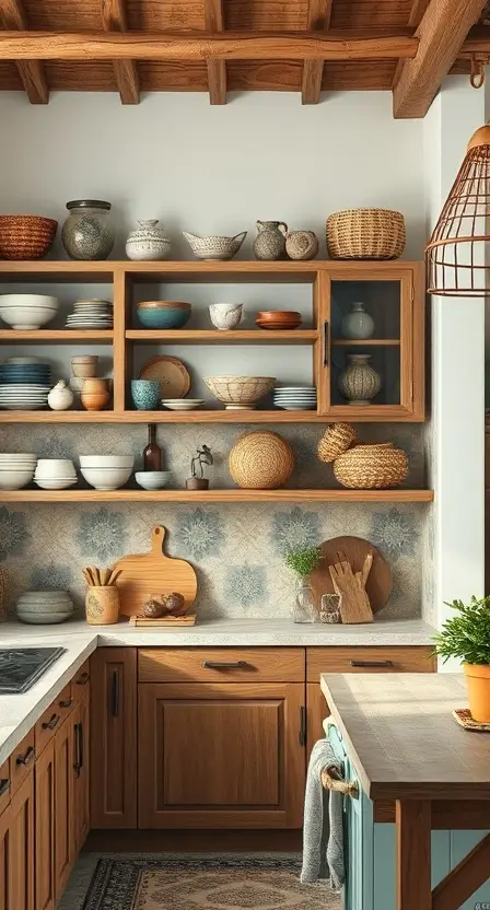 A boho-style kitchen with open wooden shelves and glass cabinets showcasing ceramic plates, bowls, and woven baskets. The backsplash features Moroccan-style tiles in muted tones.