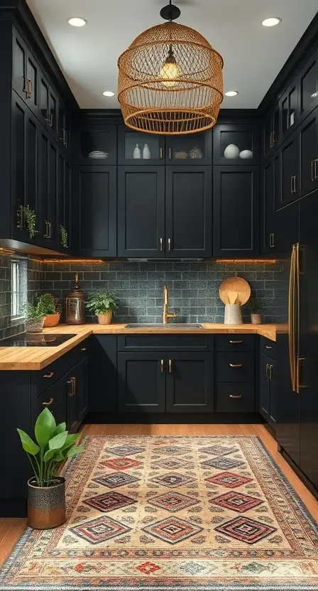 A kitchen with matte black cabinets, a rustic wooden island, and brass fixtures. The space is accented by a patterned boho rug, potted herbs, and an oversized woven pendant light.