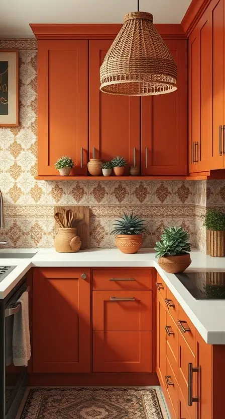 A kitchen featuring terracotta cabinets with matte finishes, white countertops, and a terracotta planter with succulents. The backsplash has Moroccan-style tiles, and there’s a woven pendant light overhead.