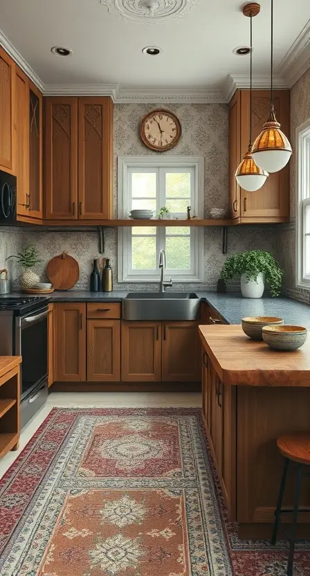 A kitchen with floating wooden cabinets, intricate stenciled patterns, and a boho-patterned rug. The countertops showcase ceramic bowls and a teak wood cutting board.