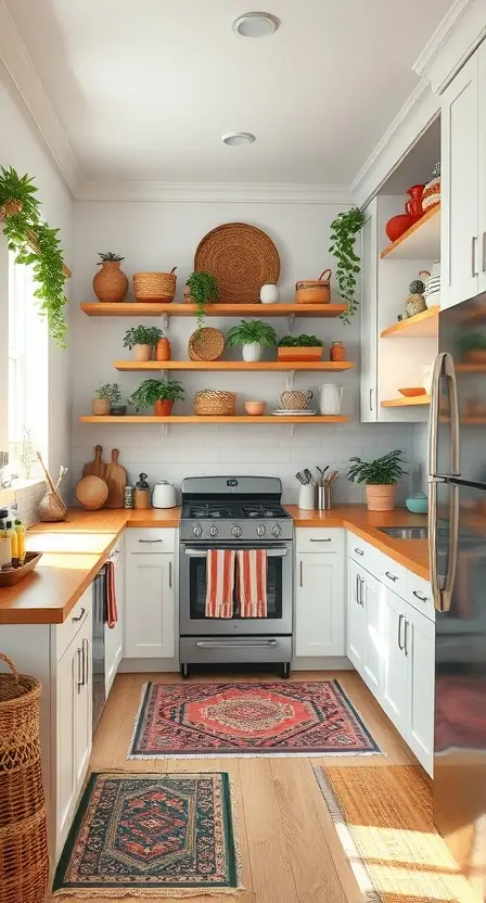 A kitchen with white shaker-style cabinets, wooden countertops, and vintage boho rugs. The open shelving is decorated with potted plants, woven baskets, and colorful ceramic dishes.