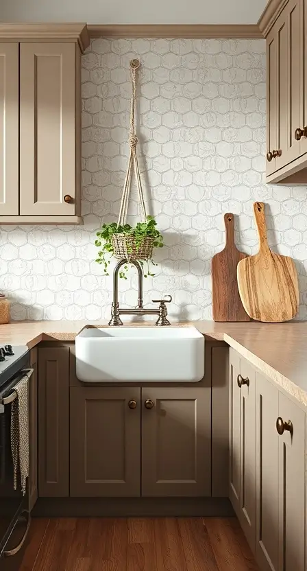 A kitchen featuring taupe cabinets with bronze knobs, a white farmhouse sink, and a macramé plant hanger. The backsplash is made of light, textured tiles, and a rustic wood cutting board leans against the wall.