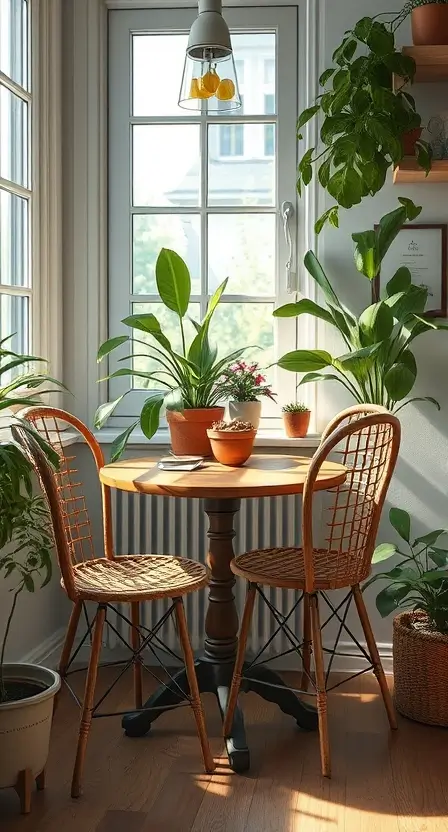 A cozy kitchen corner featuring two rattan bistro chairs with a round wooden table, surrounded by houseplants and soft natural light filtering through a window.