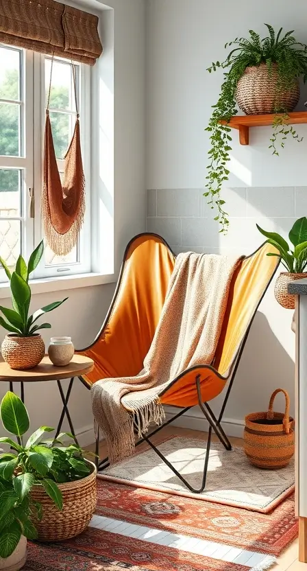 A boho-chic kitchen corner featuring a caramel leather butterfly chair with a throw blanket, a small side table, and potted greenery in woven baskets.