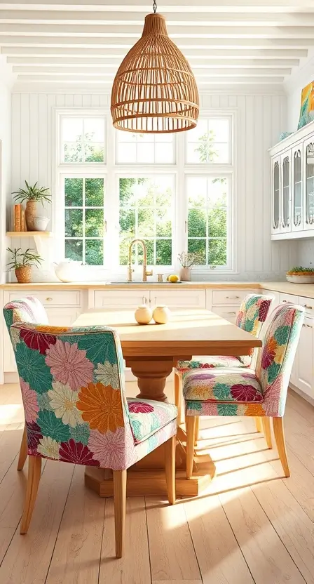 A bright and airy kitchen with patchwork fabric chairs in bold geometric and floral patterns, paired with a natural wood table and a hanging rattan light fixture.