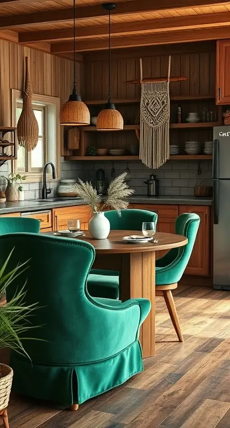 A warm kitchen setting featuring velvet chairs in deep emerald green, styled around a rustic dining table, with pampas grass and macrame hangings as decor.