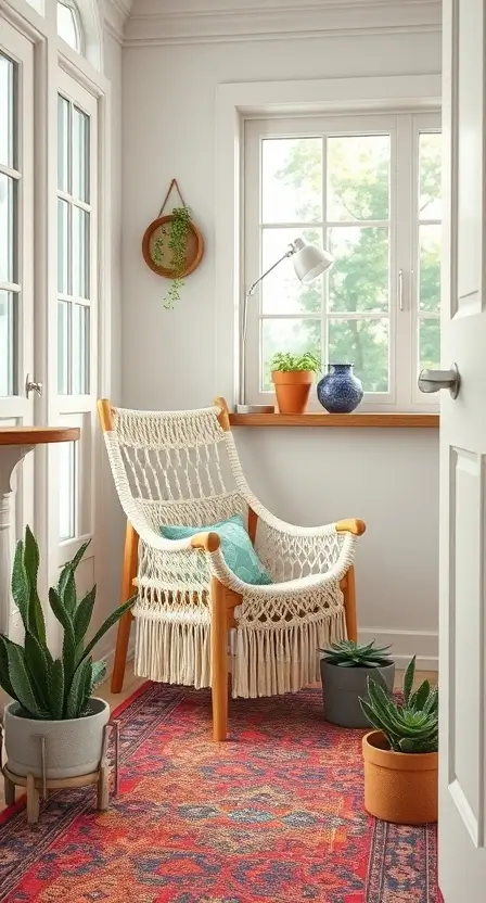 A bright kitchen nook with a macrame accent chair featuring cream-colored knots and a light oak frame, set beside a vibrant patterned rug and potted succulents.